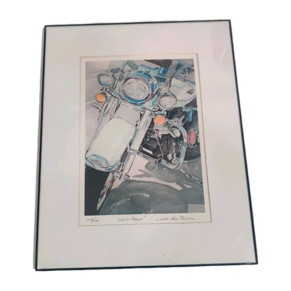 White Harley Art Print Linda Van Tassell Framed 14x11 Signed #12/100 9.75x7"